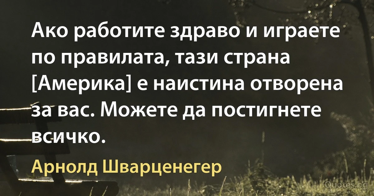 Ако работите здраво и играете по правилата, тази страна [Америка] е наистина отворена за вас. Можете да постигнете всичко. (Арнолд Шварценегер)