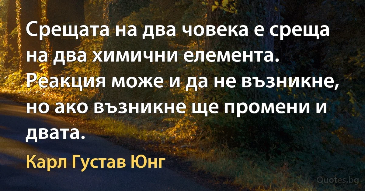 Срещата на два човека е среща на два химични елемента. Реакция може и да не възникне, но ако възникне ще промени и двата. (Карл Густав Юнг)