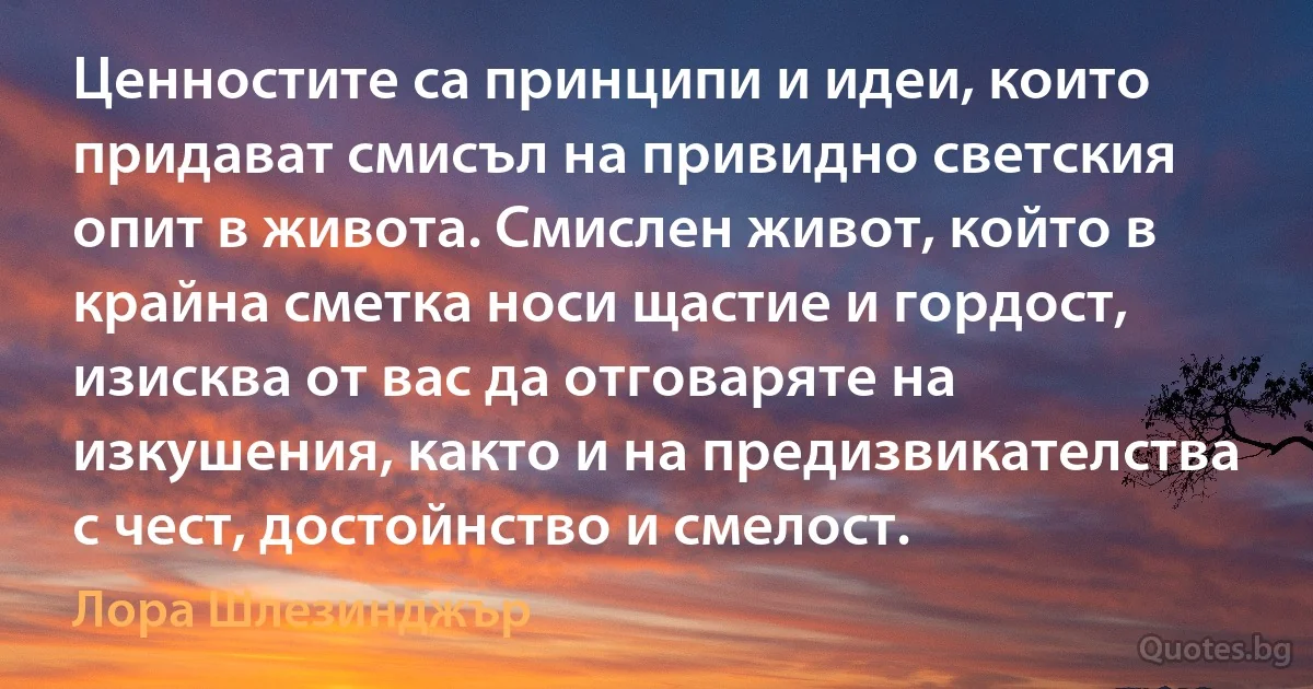 Ценностите са принципи и идеи, които придават смисъл на привидно светския опит в живота. Смислен живот, който в крайна сметка носи щастие и гордост, изисква от вас да отговаряте на изкушения, както и на предизвикателства с чест, достойнство и смелост. (Лора Шлезинджър)