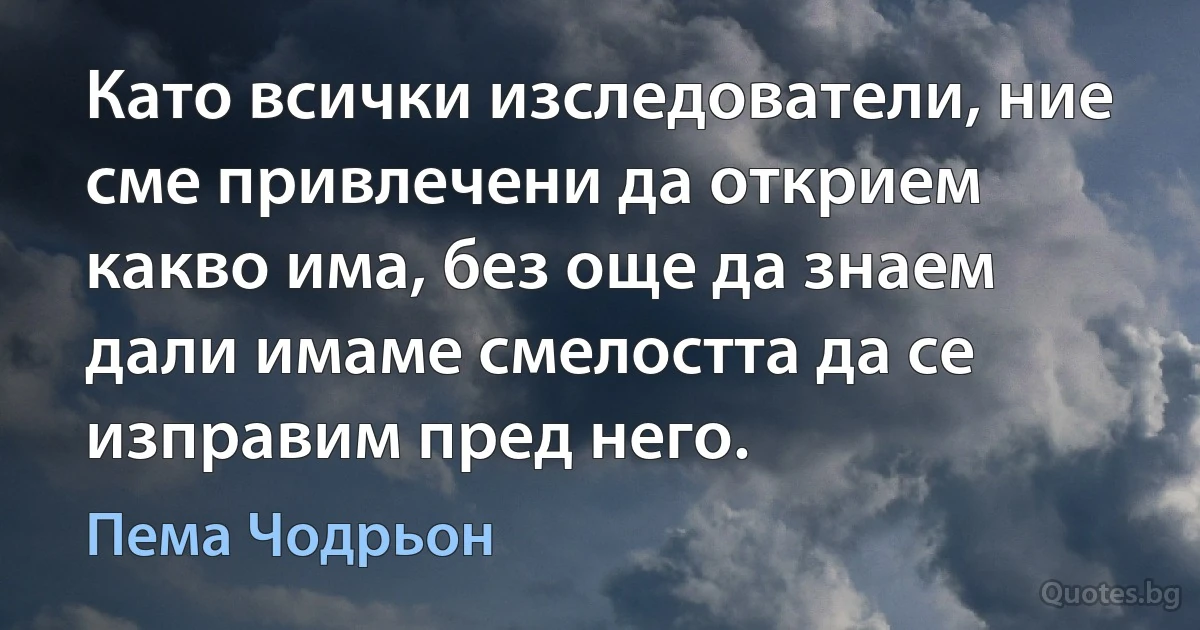 Като всички изследователи, ние сме привлечени да открием какво има, без още да знаем дали имаме смелостта да се изправим пред него. (Пема Чодрьон)