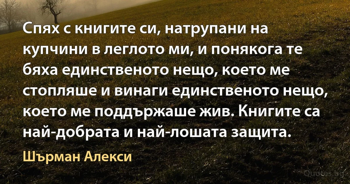 Спях с книгите си, натрупани на купчини в леглото ми, и понякога те бяха единственото нещо, което ме стопляше и винаги единственото нещо, което ме поддържаше жив. Книгите са най-добрата и най-лошата защита. (Шърман Алекси)