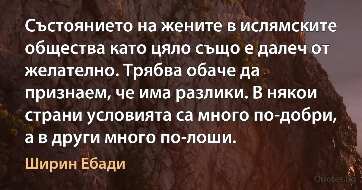 Състоянието на жените в ислямските общества като цяло също е далеч от желателно. Трябва обаче да признаем, че има разлики. В някои страни условията са много по-добри, а в други много по-лоши. (Ширин Ебади)