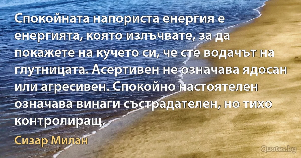 Спокойната напориста енергия е енергията, която излъчвате, за да покажете на кучето си, че сте водачът на глутницата. Асертивен не означава ядосан или агресивен. Спокойно настоятелен означава винаги състрадателен, но тихо контролиращ. (Сизар Милан)