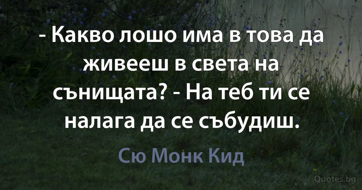 - Какво лошо има в това да живееш в света на сънищата? - На теб ти се налага да се събудиш. (Сю Монк Кид)