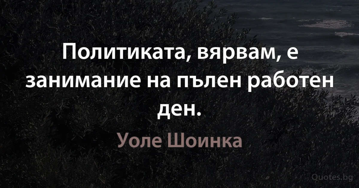 Политиката, вярвам, е занимание на пълен работен ден. (Уоле Шоинка)