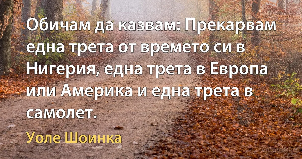 Обичам да казвам: Прекарвам една трета от времето си в Нигерия, една трета в Европа или Америка и една трета в самолет. (Уоле Шоинка)