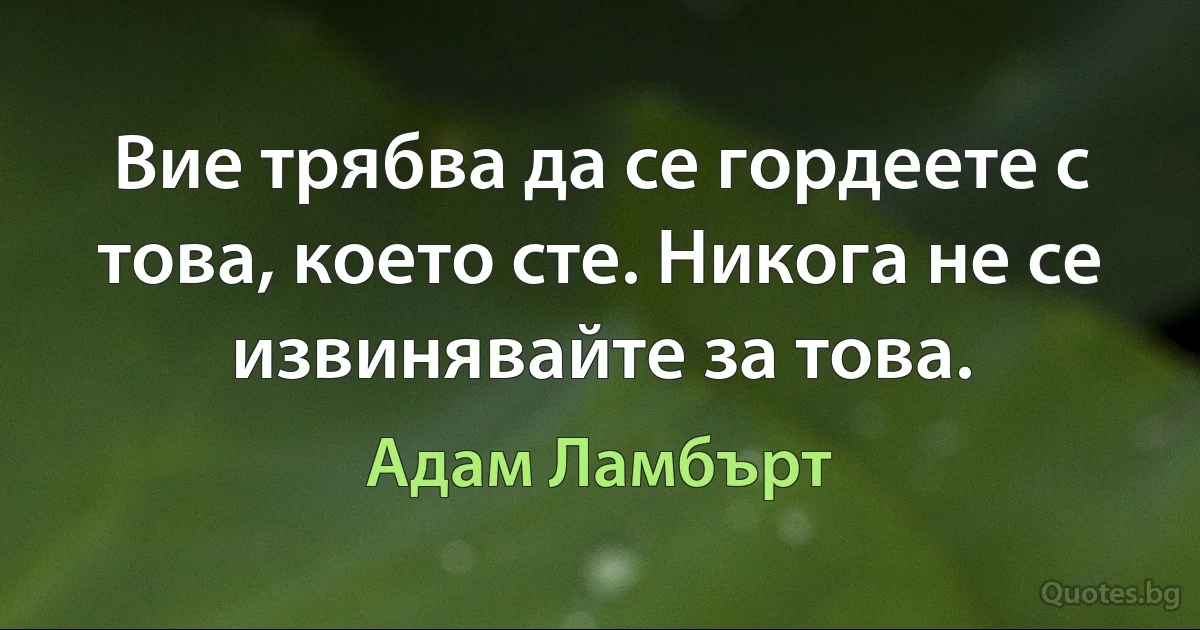 Вие трябва да се гордеете с това, което сте. Никога не се извинявайте за това. (Адам Ламбърт)