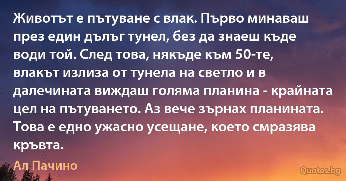 Животът е пътуване с влак. Първо минаваш през един дълъг тунел, без да знаеш къде води той. След това, някъде към 50-те, влакът излиза от тунела на светло и в далечината виждаш голяма планина - крайната цел на пътуването. Аз вече зърнах планината. Това е едно ужасно усещане, което смразява кръвта. (Ал Пачино)