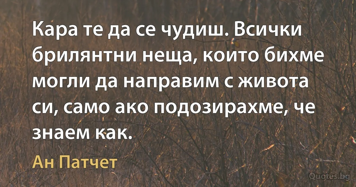 Кара те да се чудиш. Всички брилянтни неща, които бихме могли да направим с живота си, само ако подозирахме, че знаем как. (Ан Патчет)