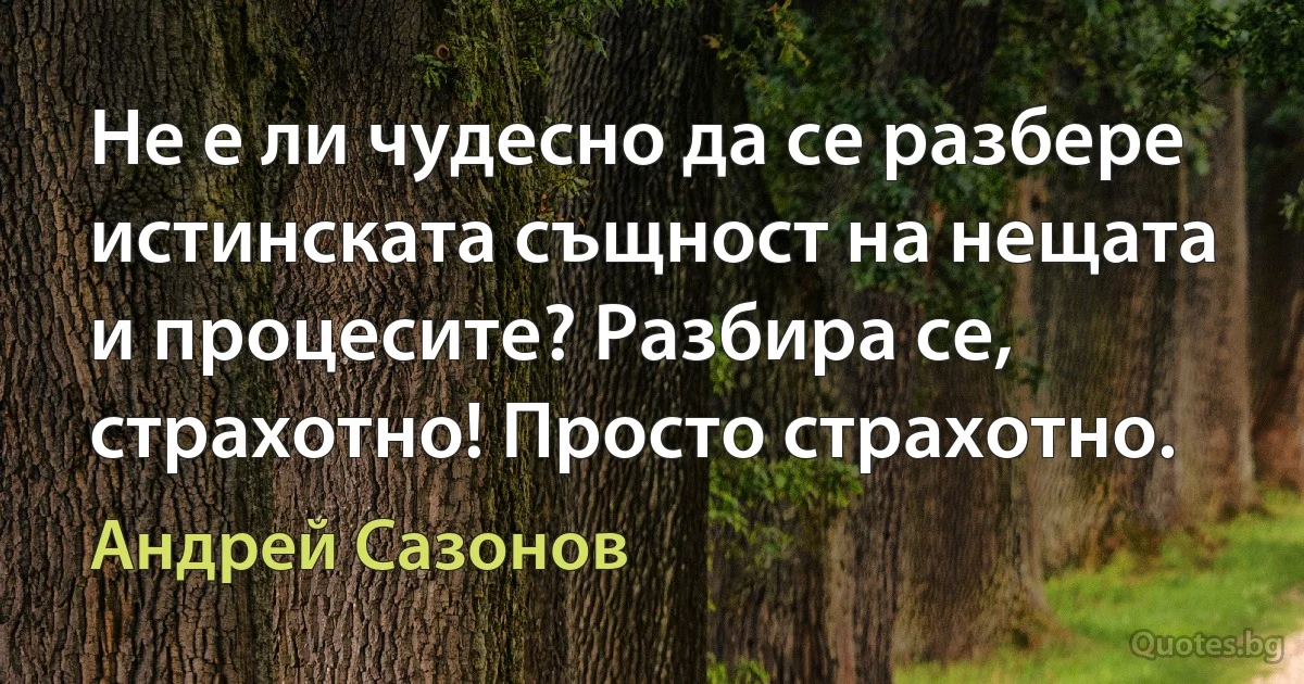 Не е ли чудесно да се разбере истинската същност на нещата и процесите? Разбира се, страхотно! Просто страхотно. (Андрей Сазонов)