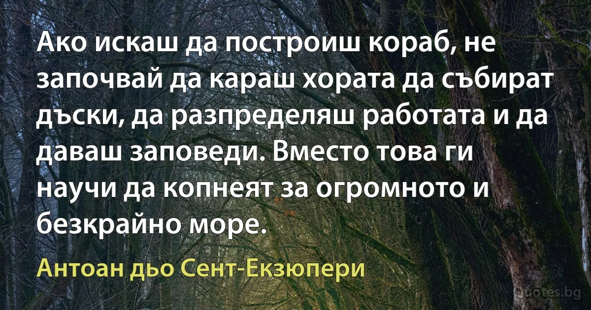 Ако искаш да построиш кораб, не започвай да караш хората да събират дъски, да разпределяш работата и да даваш заповеди. Вместо това ги научи да копнеят за огромното и безкрайно море. (Антоан дьо Сент-Екзюпери)