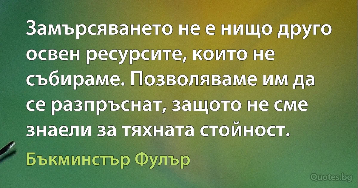 Замърсяването не е нищо друго освен ресурсите, които не събираме. Позволяваме им да се разпръснат, защото не сме знаели за тяхната стойност. (Бъкминстър Фулър)