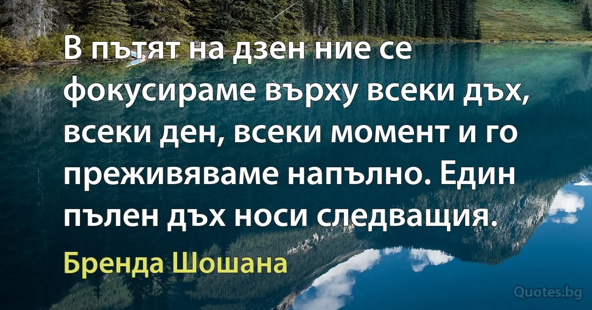 В пътят на дзен ние се фокусираме върху всеки дъх, всеки ден, всеки момент и го преживяваме напълно. Един пълен дъх носи следващия. (Бренда Шошана)