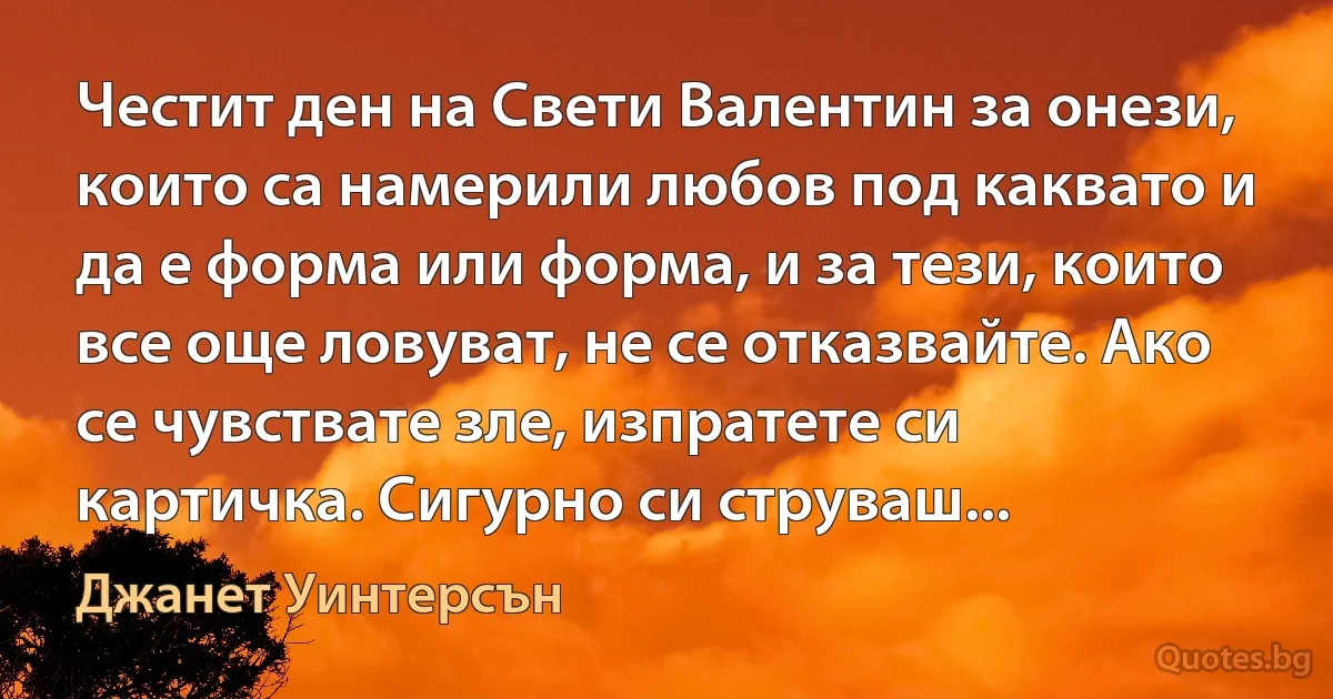 Честит ден на Свети Валентин за онези, които са намерили любов под каквато и да е форма или форма, и за тези, които все още ловуват, не се отказвайте. Ако се чувствате зле, изпратете си картичка. Сигурно си струваш... (Джанет Уинтерсън)