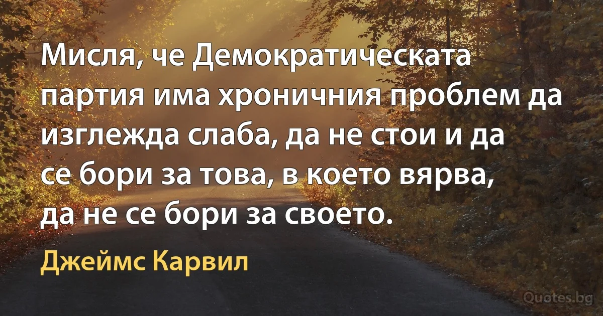 Мисля, че Демократическата партия има хроничния проблем да изглежда слаба, да не стои и да се бори за това, в което вярва, да не се бори за своето. (Джеймс Карвил)