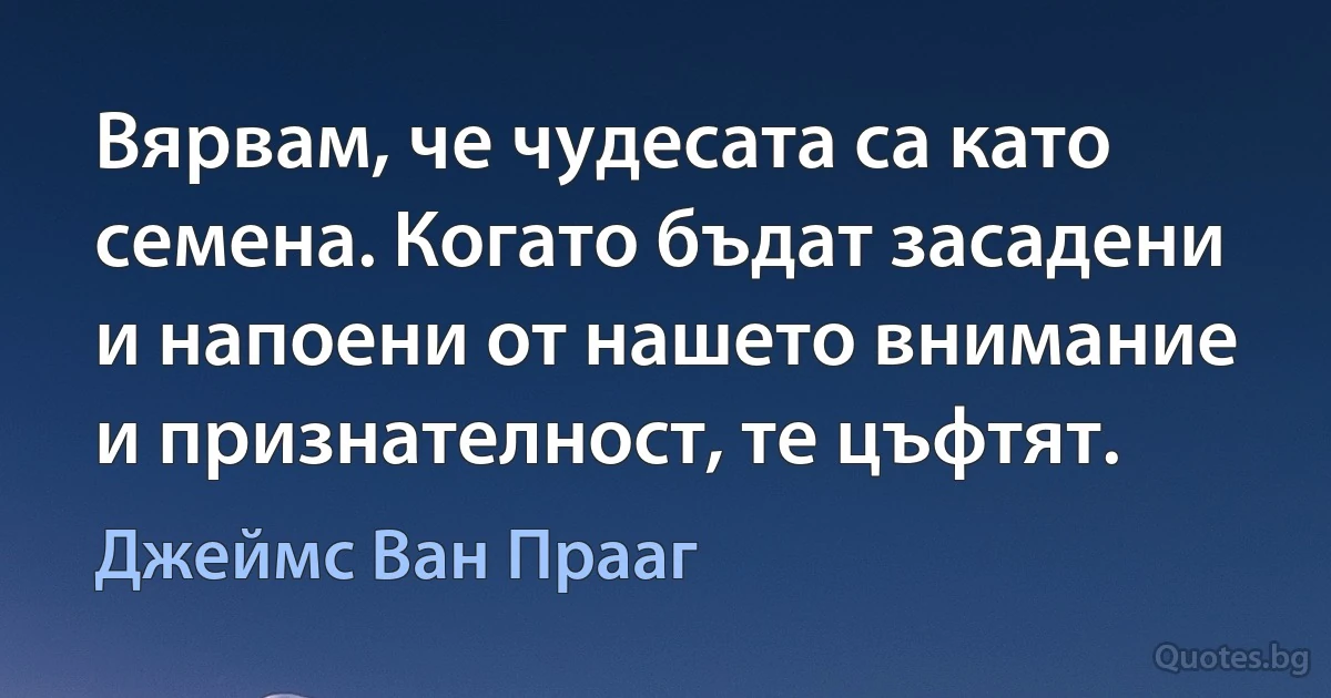 Вярвам, че чудесата са като семена. Когато бъдат засадени и напоени от нашето внимание и признателност, те цъфтят. (Джеймс Ван Прааг)