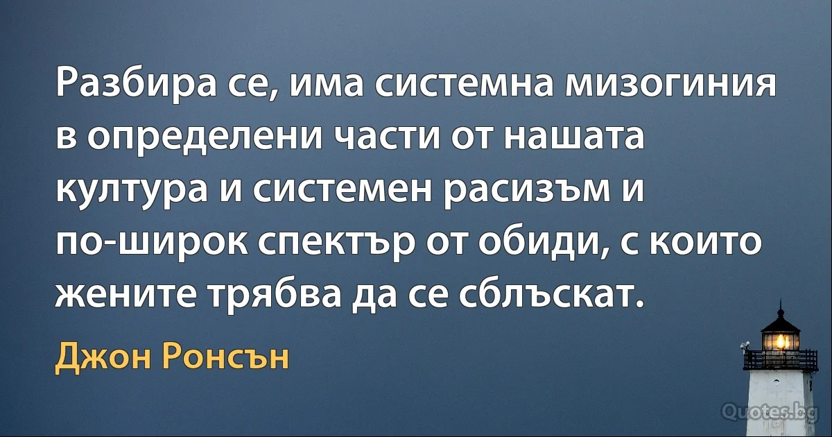 Разбира се, има системна мизогиния в определени части от нашата култура и системен расизъм и по-широк спектър от обиди, с които жените трябва да се сблъскат. (Джон Ронсън)