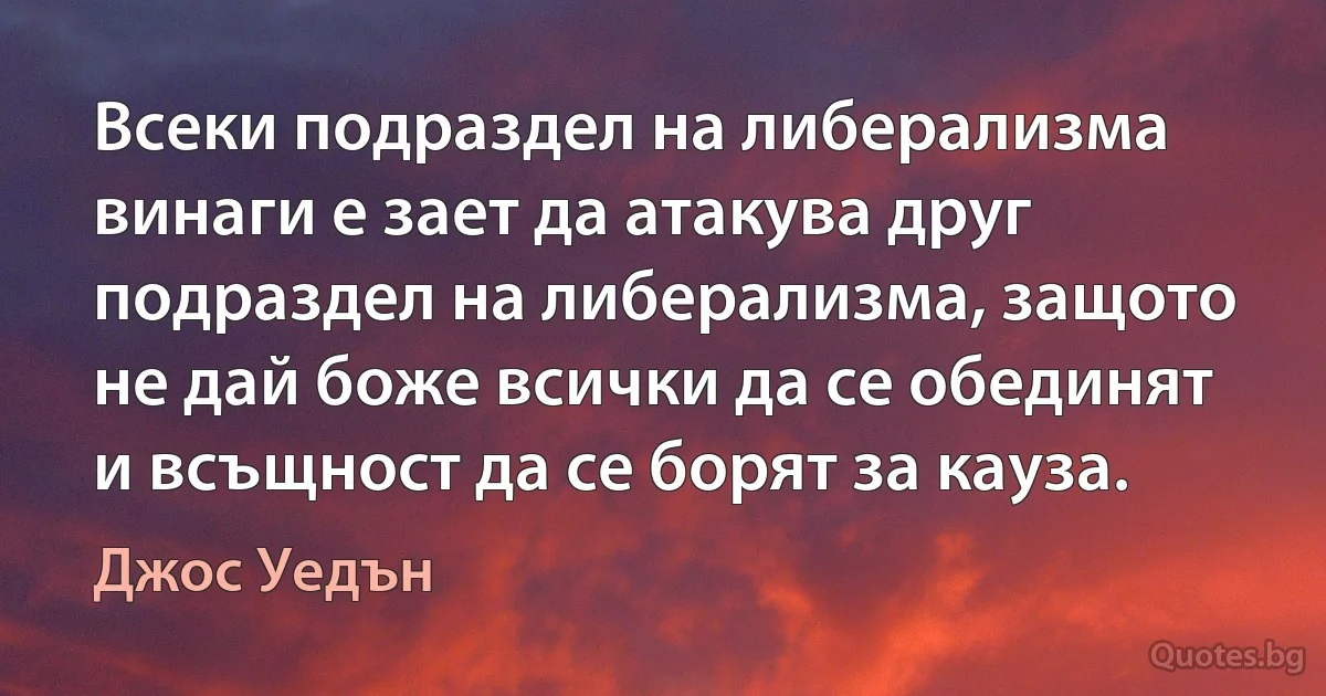 Всеки подраздел на либерализма винаги е зает да атакува друг подраздел на либерализма, защото не дай боже всички да се обединят и всъщност да се борят за кауза. (Джос Уедън)