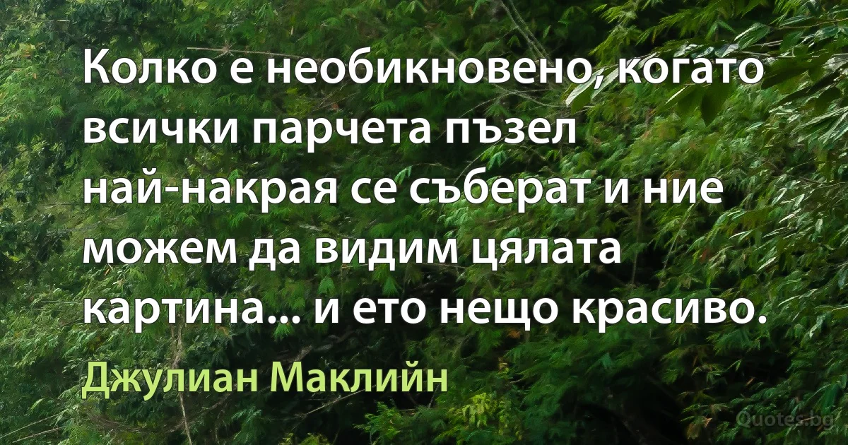 Колко е необикновено, когато всички парчета пъзел най-накрая се съберат и ние можем да видим цялата картина... и ето нещо красиво. (Джулиан Маклийн)