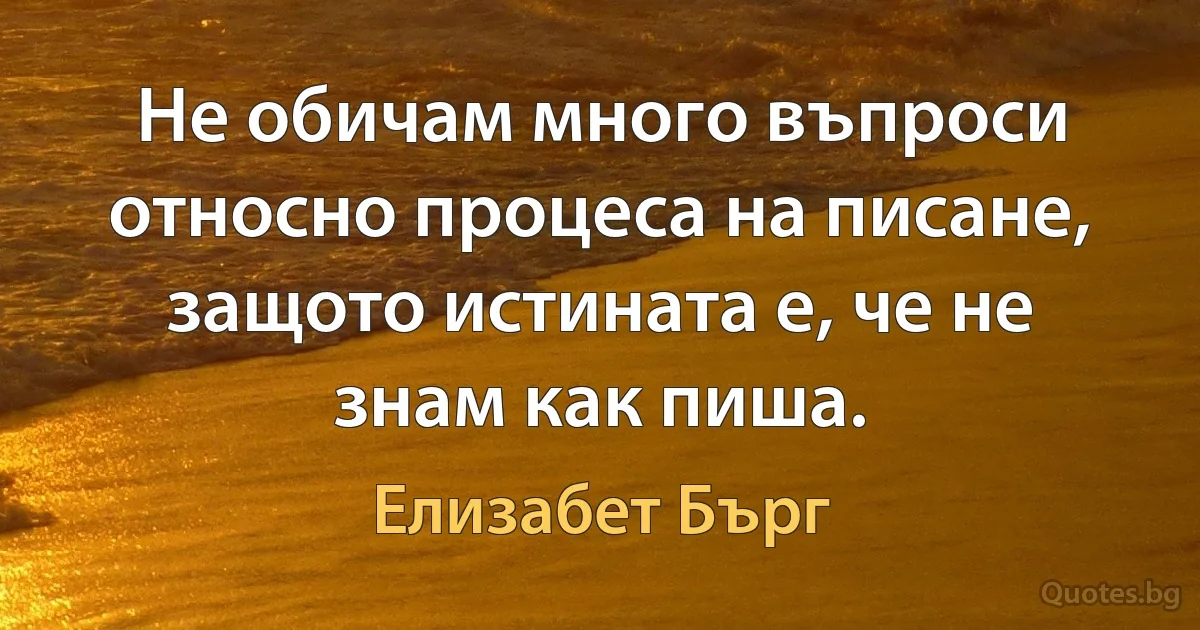 Не обичам много въпроси относно процеса на писане, защото истината е, че не знам как пиша. (Елизабет Бърг)