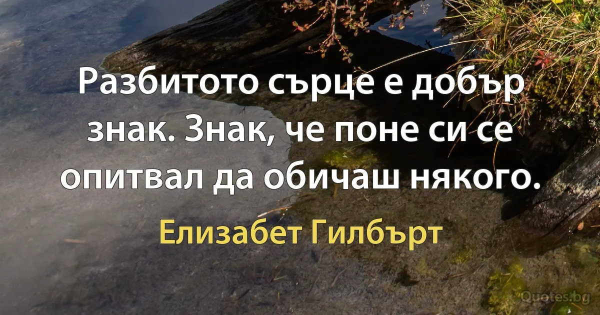 Разбитото сърце е добър знак. Знак, че поне си се опитвал да обичаш някого. (Елизабет Гилбърт)