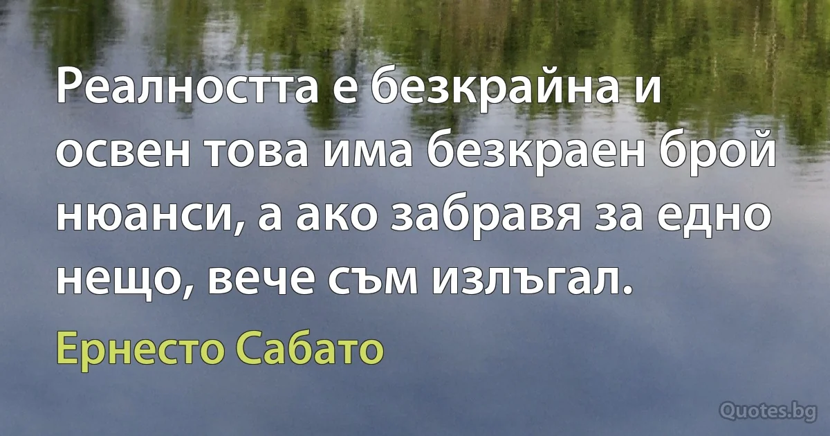 Реалността е безкрайна и освен това има безкраен брой нюанси, а ако забравя за едно нещо, вече съм излъгал. (Ернесто Сабато)