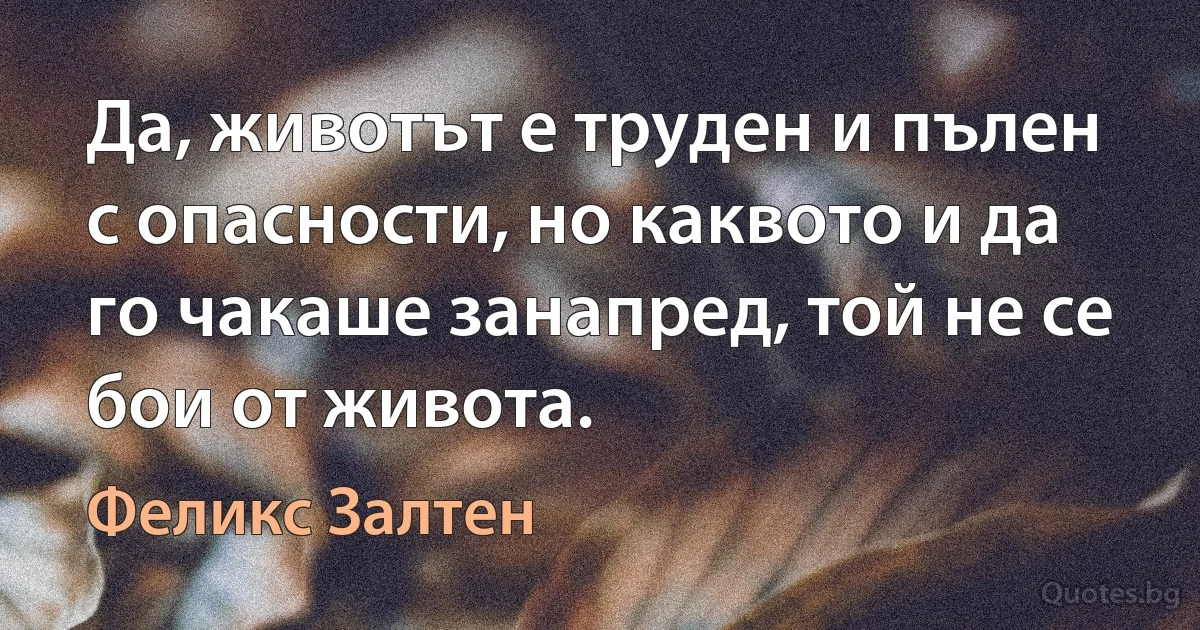 Да, животът е труден и пълен с опасности, но каквото и да го чакаше занапред, той не се бои от живота. (Феликс Залтен)