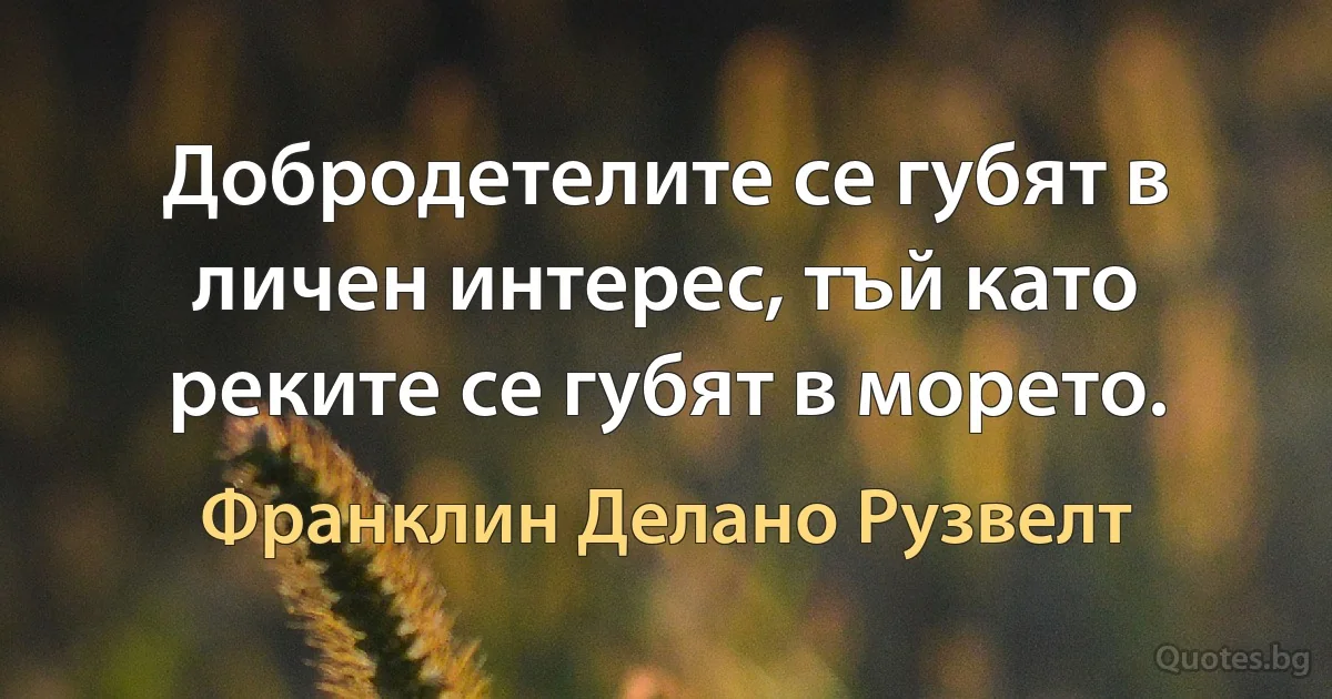 Добродетелите се губят в личен интерес, тъй като реките се губят в морето. (Франклин Делано Рузвелт)