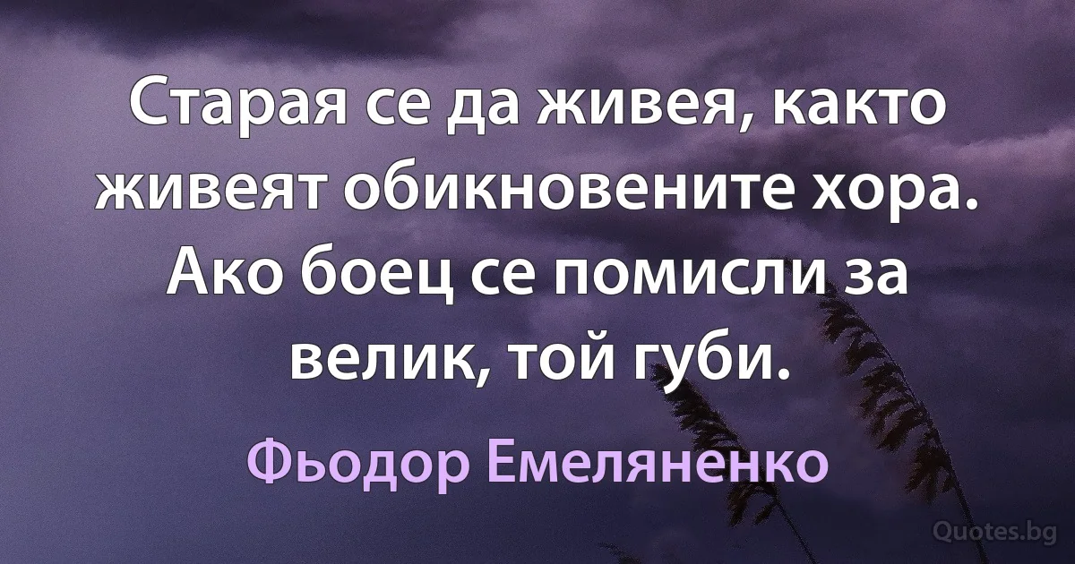 Старая се да живея, както живеят обикновените хора. Ако боец се помисли за велик, той губи. (Фьодор Емеляненко)