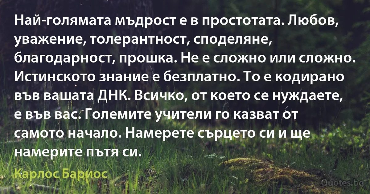 Най-голямата мъдрост е в простотата. Любов, уважение, толерантност, споделяне, благодарност, прошка. Не е сложно или сложно. Истинското знание е безплатно. То е кодирано във вашата ДНК. Всичко, от което се нуждаете, е във вас. Големите учители го казват от самото начало. Намерете сърцето си и ще намерите пътя си. (Карлос Бариос)