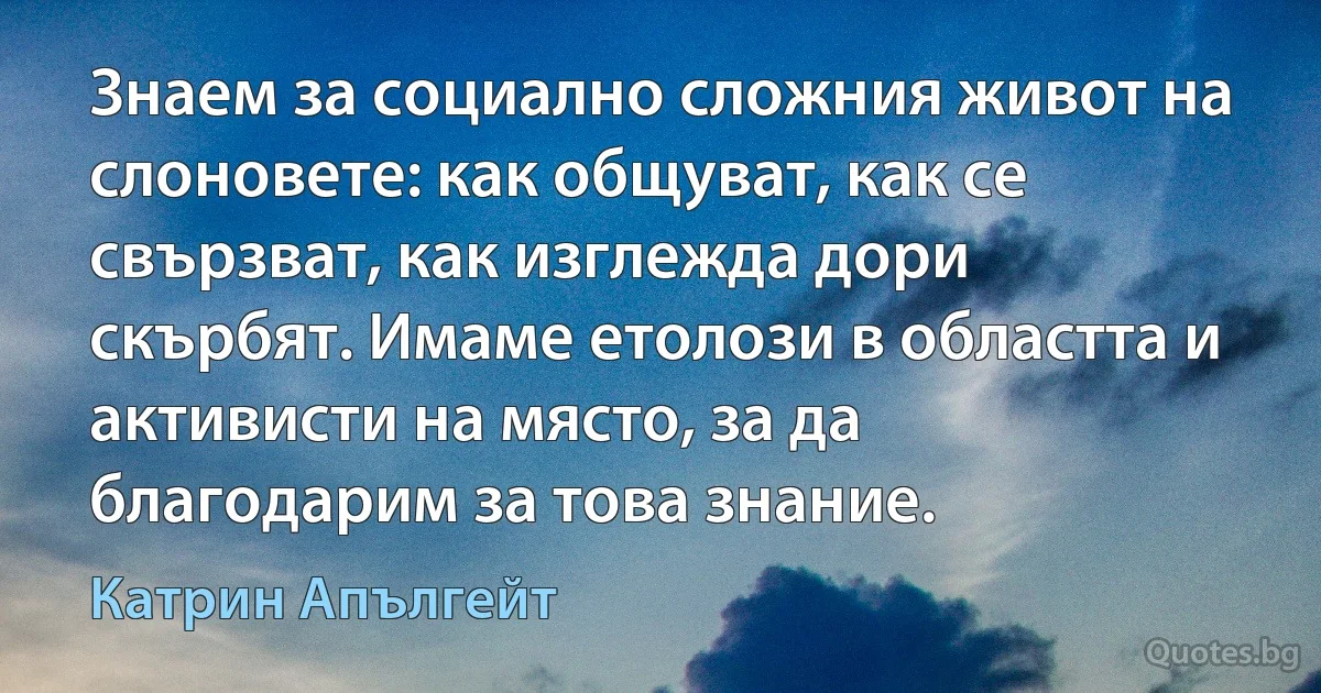 Знаем за социално сложния живот на слоновете: как общуват, как се свързват, как изглежда дори скърбят. Имаме етолози в областта и активисти на място, за да благодарим за това знание. (Катрин Апългейт)