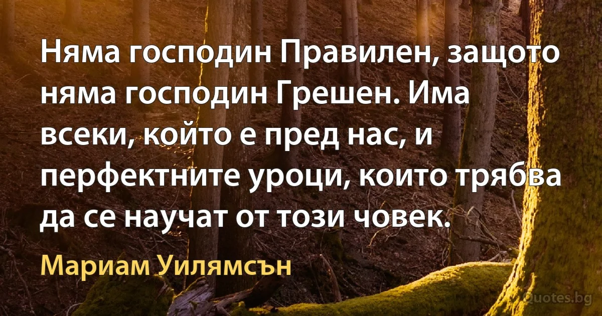 Няма господин Правилен, защото няма господин Грешен. Има всеки, който е пред нас, и перфектните уроци, които трябва да се научат от този човек. (Мариам Уилямсън)