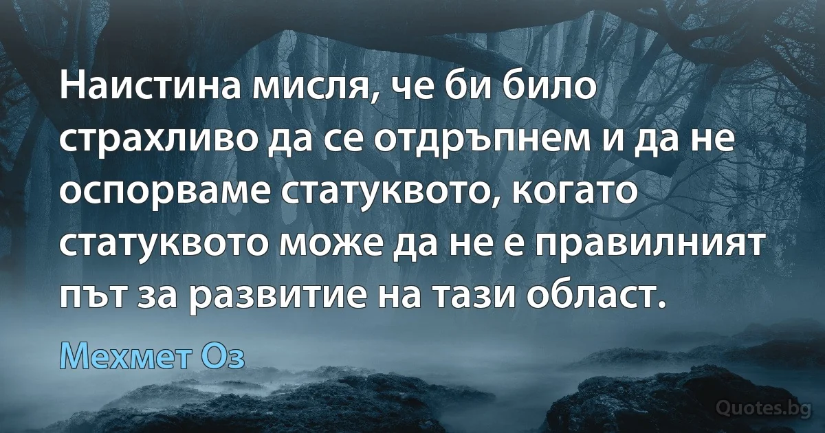 Наистина мисля, че би било страхливо да се отдръпнем и да не оспорваме статуквото, когато статуквото може да не е правилният път за развитие на тази област. (Мехмет Оз)