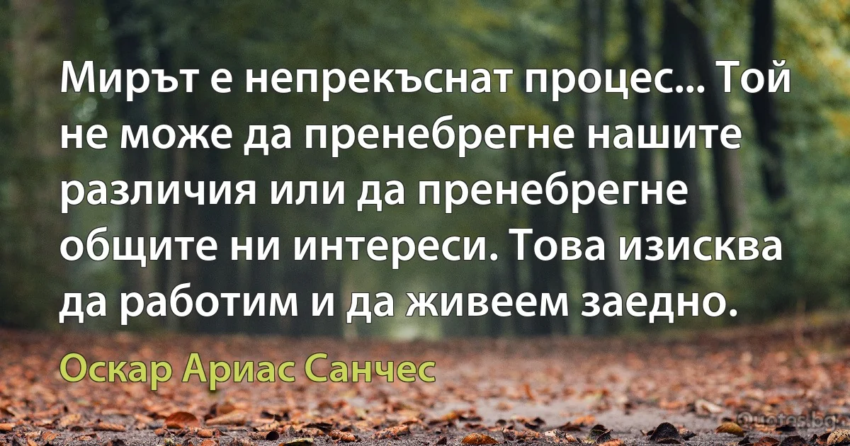 Мирът е непрекъснат процес... Той не може да пренебрегне нашите различия или да пренебрегне общите ни интереси. Това изисква да работим и да живеем заедно. (Оскар Ариас Санчес)