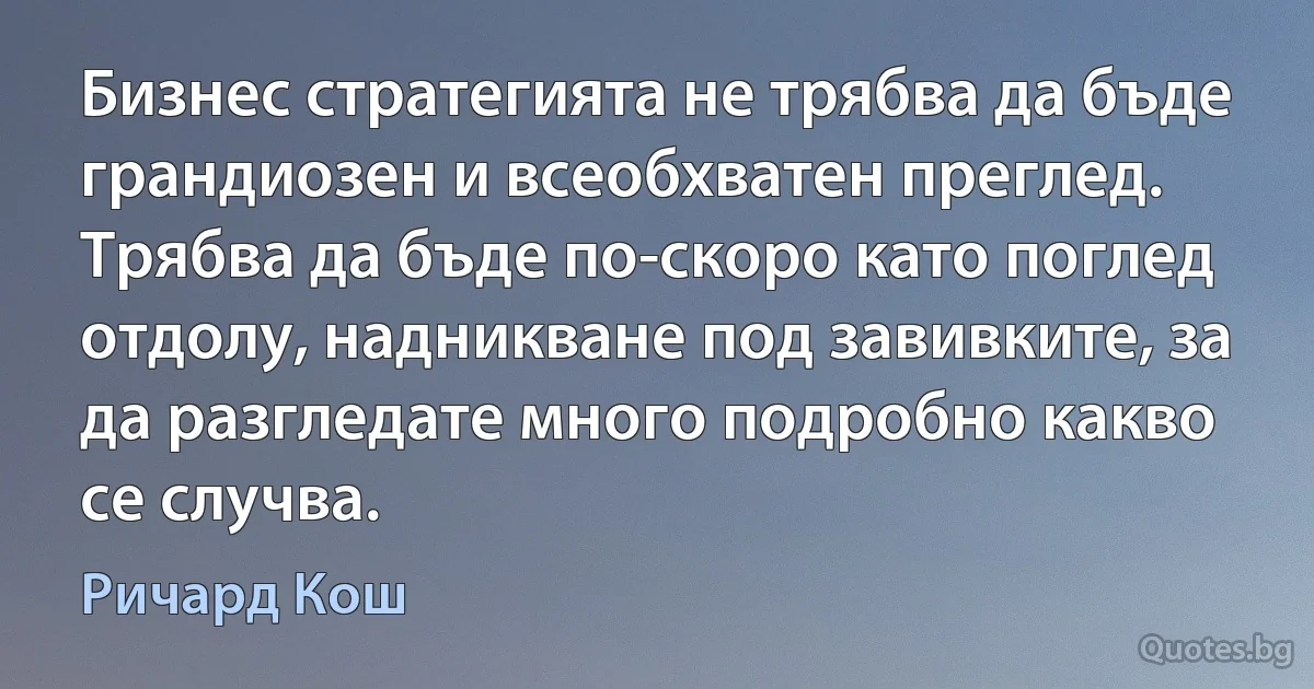 Бизнес стратегията не трябва да бъде грандиозен и всеобхватен преглед. Трябва да бъде по-скоро като поглед отдолу, надникване под завивките, за да разгледате много подробно какво се случва. (Ричард Кош)