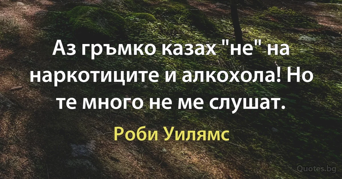 Аз гръмко казах "не" на наркотиците и алкохола! Но те много не ме слушат. (Роби Уилямс)