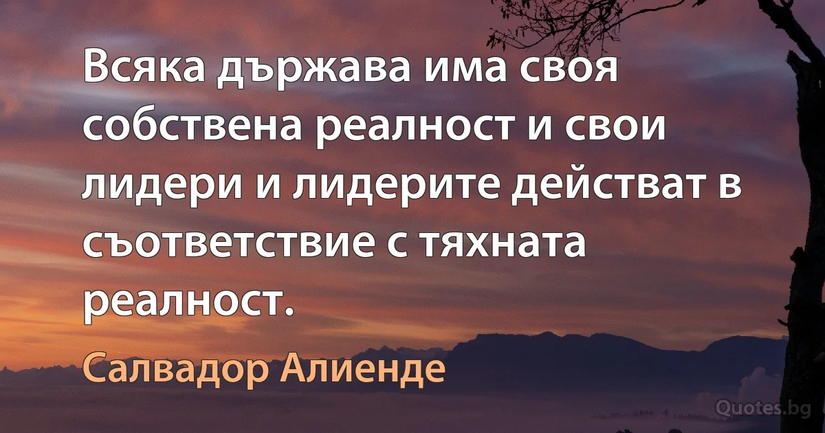 Всяка държава има своя собствена реалност и свои лидери и лидерите действат в съответствие с тяхната реалност. (Салвадор Алиенде)