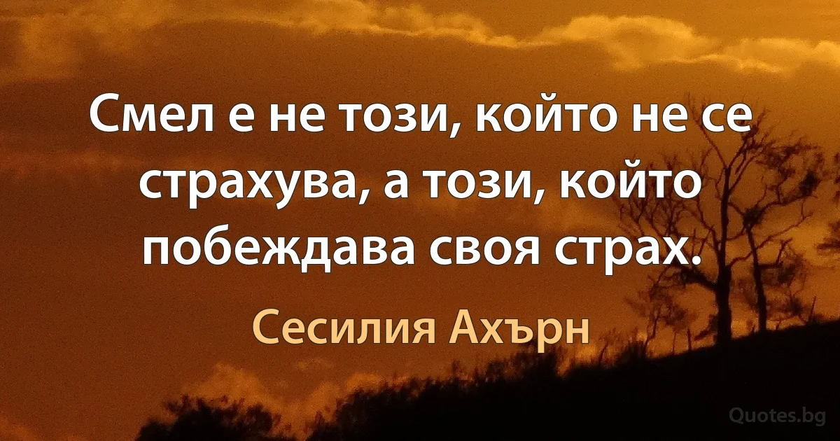 Смел е не този, който не се страхува, а този, който побеждава своя страх. (Сесилия Ахърн)