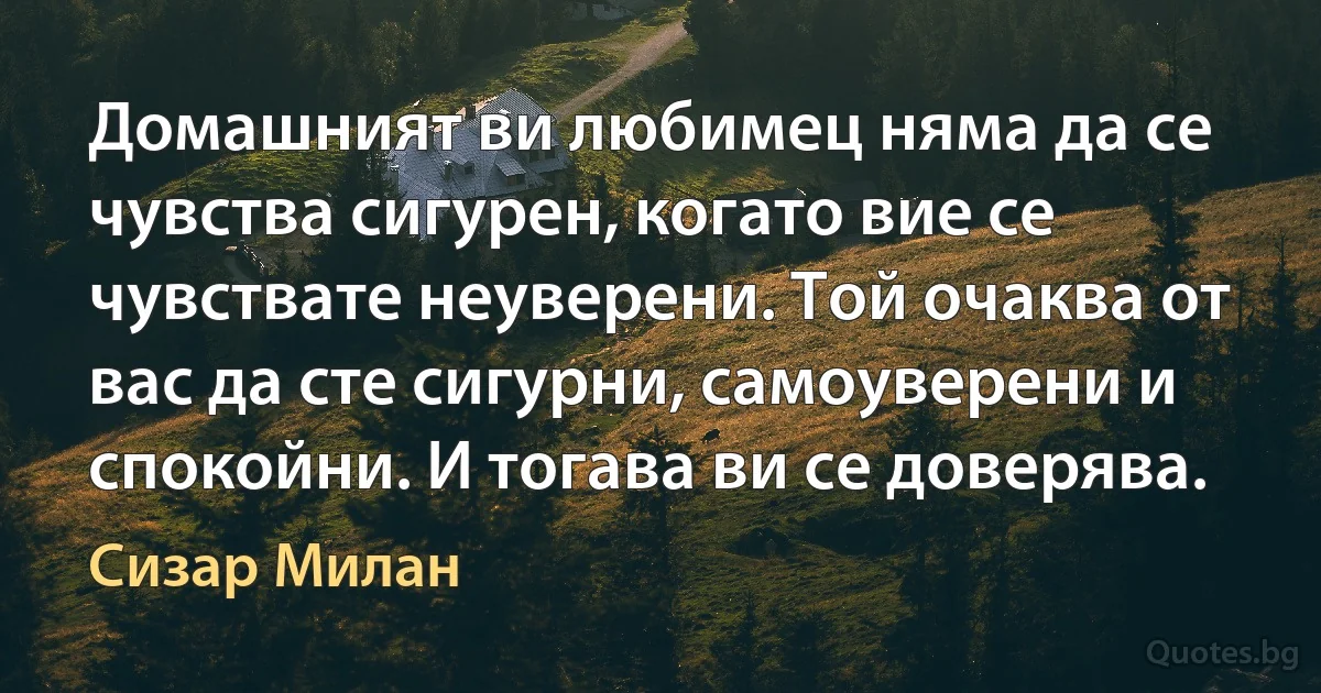 Домашният ви любимец няма да се чувства сигурен, когато вие се чувствате неуверени. Той очаква от вас да сте сигурни, самоуверени и спокойни. И тогава ви се доверява. (Сизар Милан)