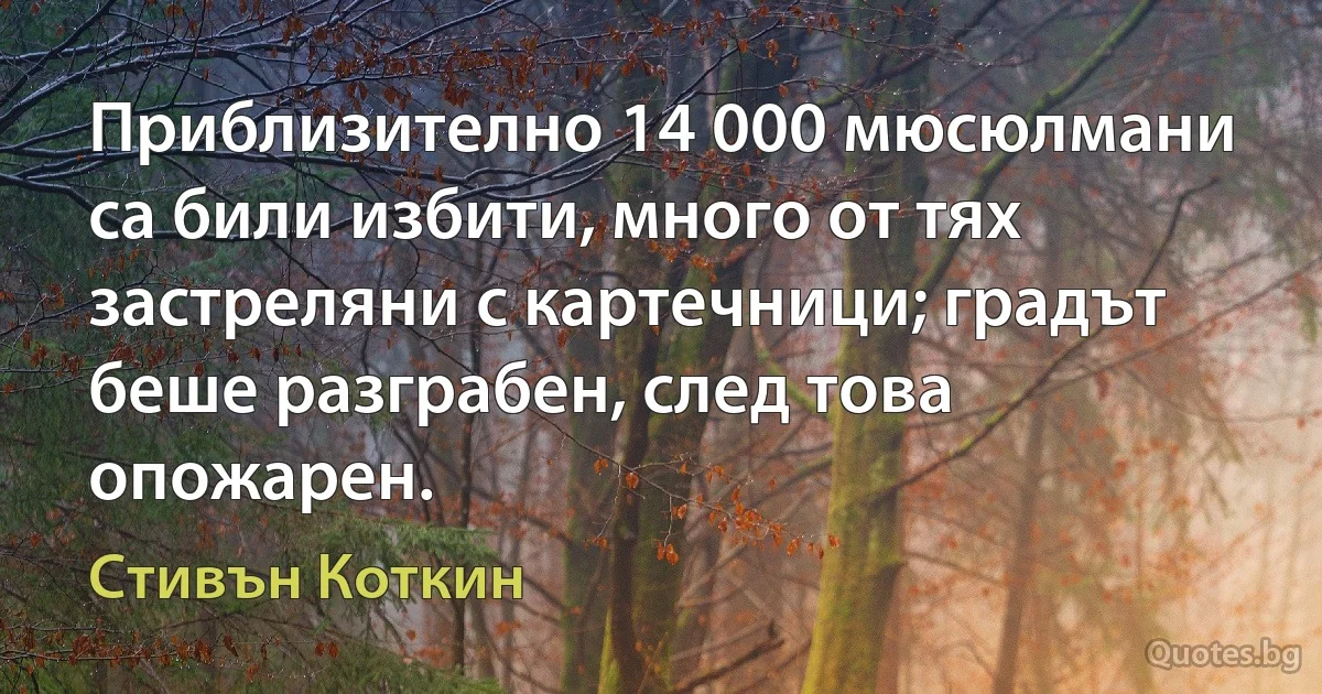 Приблизително 14 000 мюсюлмани са били избити, много от тях застреляни с картечници; градът беше разграбен, след това опожарен. (Стивън Коткин)