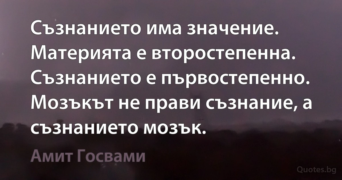 Съзнанието има значение. Материята е второстепенна. Съзнанието е първостепенно. Мозъкът не прави съзнание, а съзнанието мозък. (Амит Госвами)