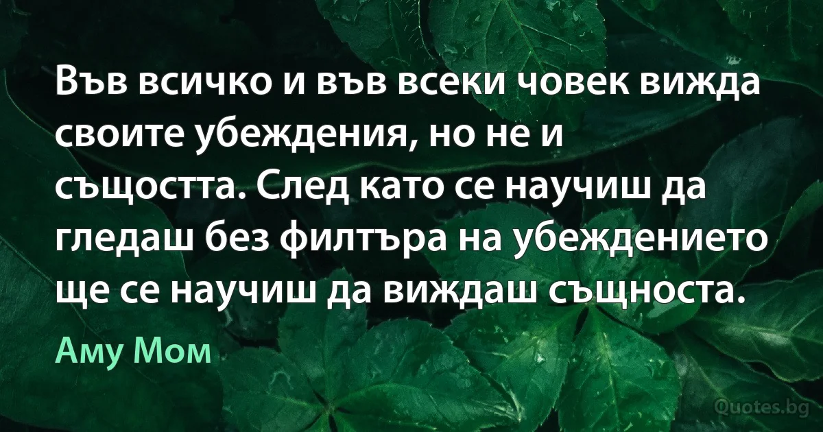 Във всичко и във всеки човек вижда своите убеждения, но не и същостта. След като се научиш да гледаш без филтъра на убеждението ще се научиш да виждаш същноста. (Аму Мом)