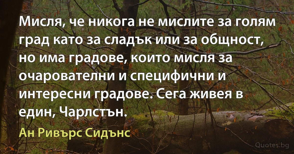 Мисля, че никога не мислите за голям град като за сладък или за общност, но има градове, които мисля за очарователни и специфични и интересни градове. Сега живея в един, Чарлстън. (Ан Ривърс Сидънс)