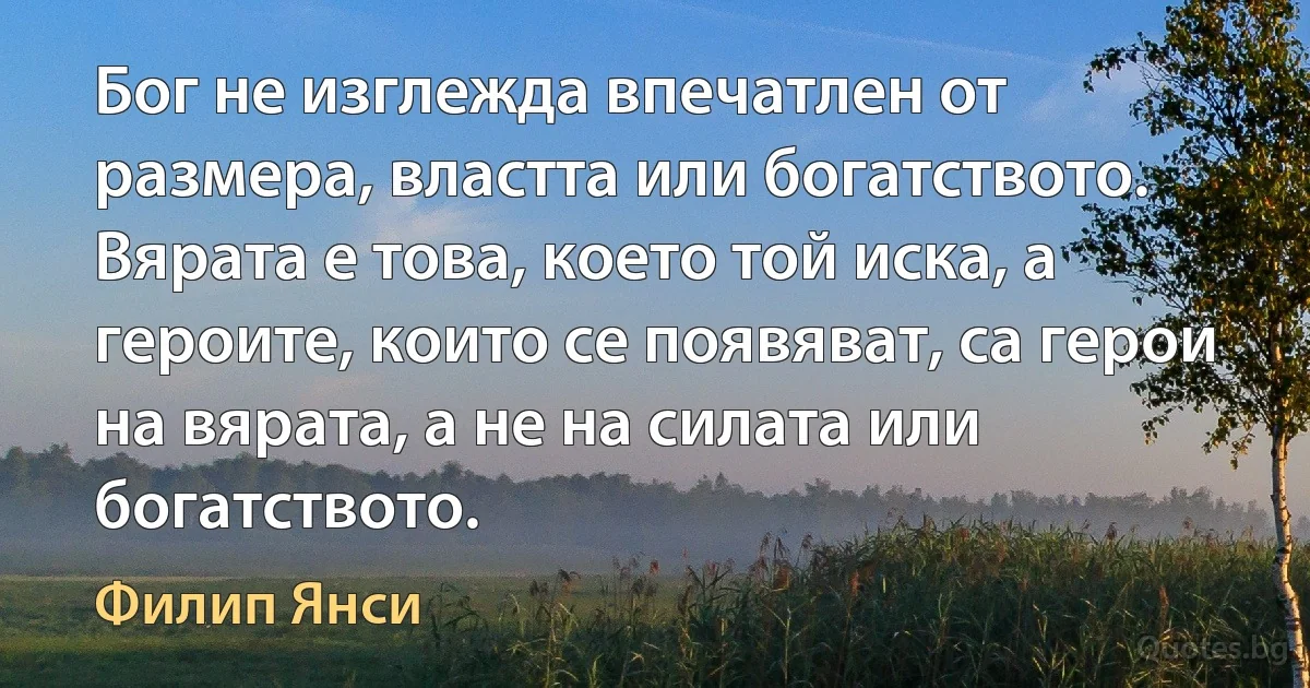 Бог не изглежда впечатлен от размера, властта или богатството. Вярата е това, което той иска, а героите, които се появяват, са герои на вярата, а не на силата или богатството. (Филип Янси)