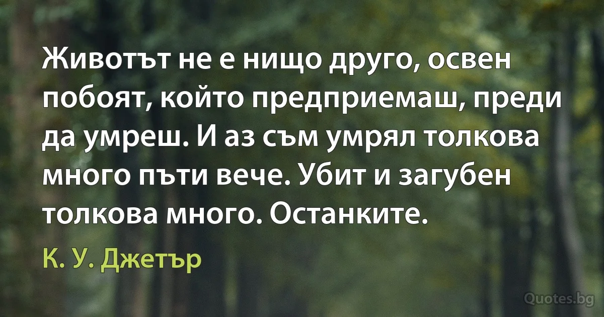 Животът не е нищо друго, освен побоят, който предприемаш, преди да умреш. И аз съм умрял толкова много пъти вече. Убит и загубен толкова много. Останките. (К. У. Джетър)