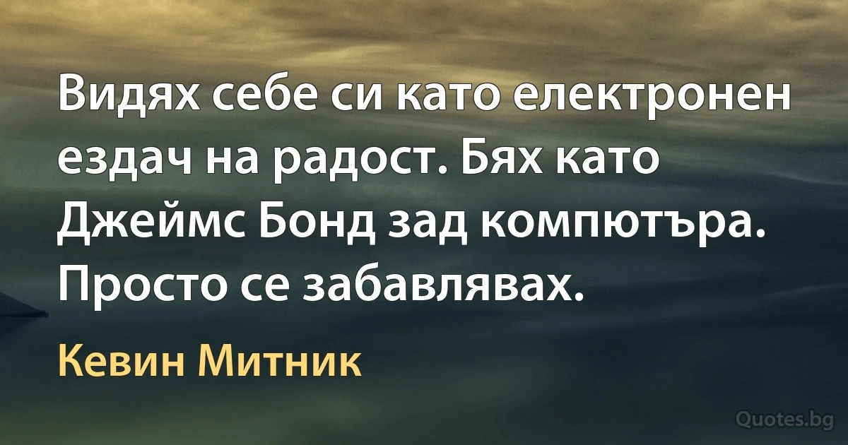 Видях себе си като електронен ездач на радост. Бях като Джеймс Бонд зад компютъра. Просто се забавлявах. (Кевин Митник)