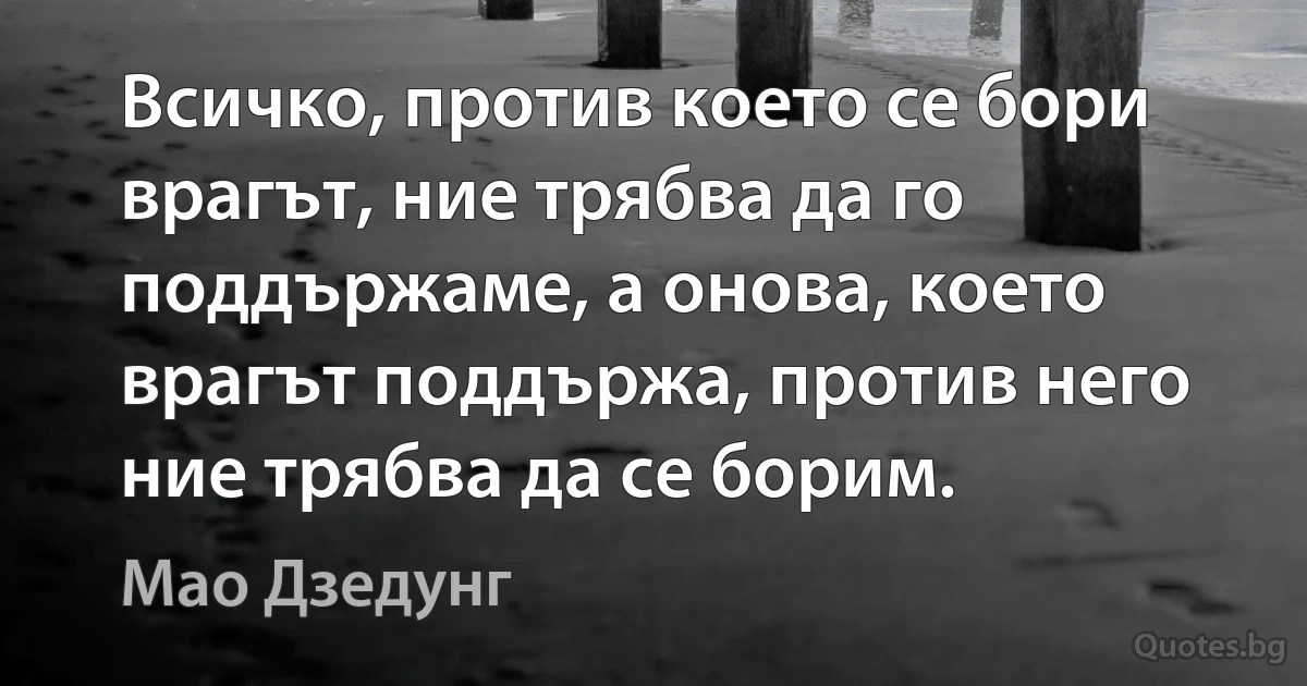 Всичко, против което се бори врагът, ние трябва да го поддържаме, а онова, което врагът поддържа, против него ние трябва да се борим. (Мао Дзедунг)