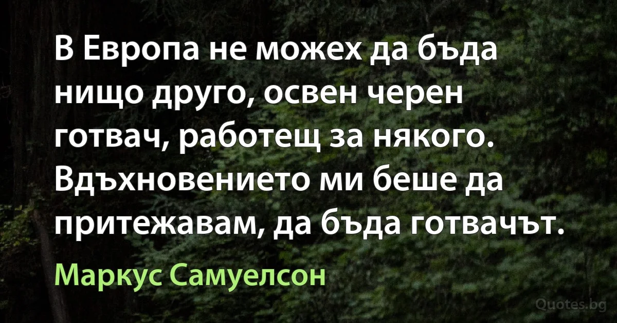 В Европа не можех да бъда нищо друго, освен черен готвач, работещ за някого. Вдъхновението ми беше да притежавам, да бъда готвачът. (Маркус Самуелсон)