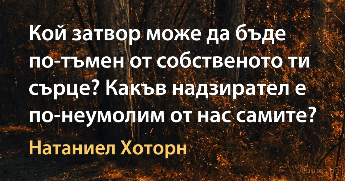 Кой затвор може да бъде по-тъмен от собственото ти сърце? Какъв надзирател е по-неумолим от нас самите? (Натаниел Хоторн)