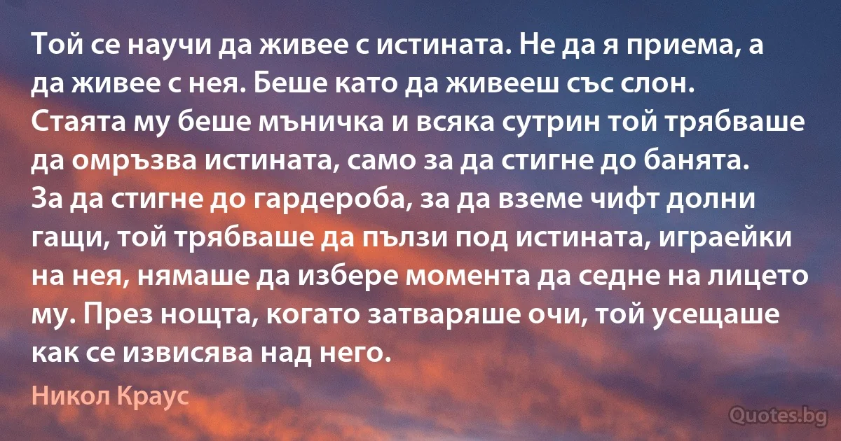 Той се научи да живее с истината. Не да я приема, а да живее с нея. Беше като да живееш със слон. Стаята му беше мъничка и всяка сутрин той трябваше да омръзва истината, само за да стигне до банята. За да стигне до гардероба, за да вземе чифт долни гащи, той трябваше да пълзи под истината, играейки на нея, нямаше да избере момента да седне на лицето му. През нощта, когато затваряше очи, той усещаше как се извисява над него. (Никол Краус)